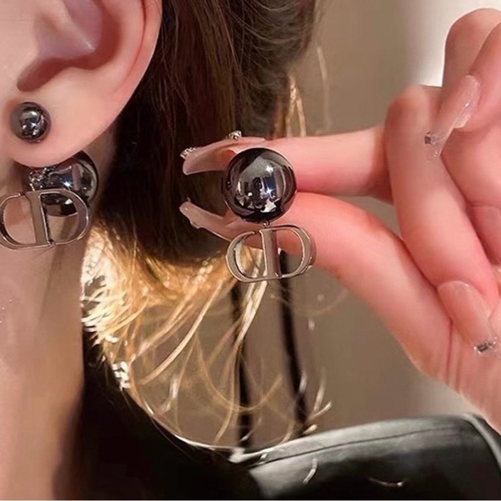 Black Tribales Asymmetrical Pearl Designer Logo Earrings
